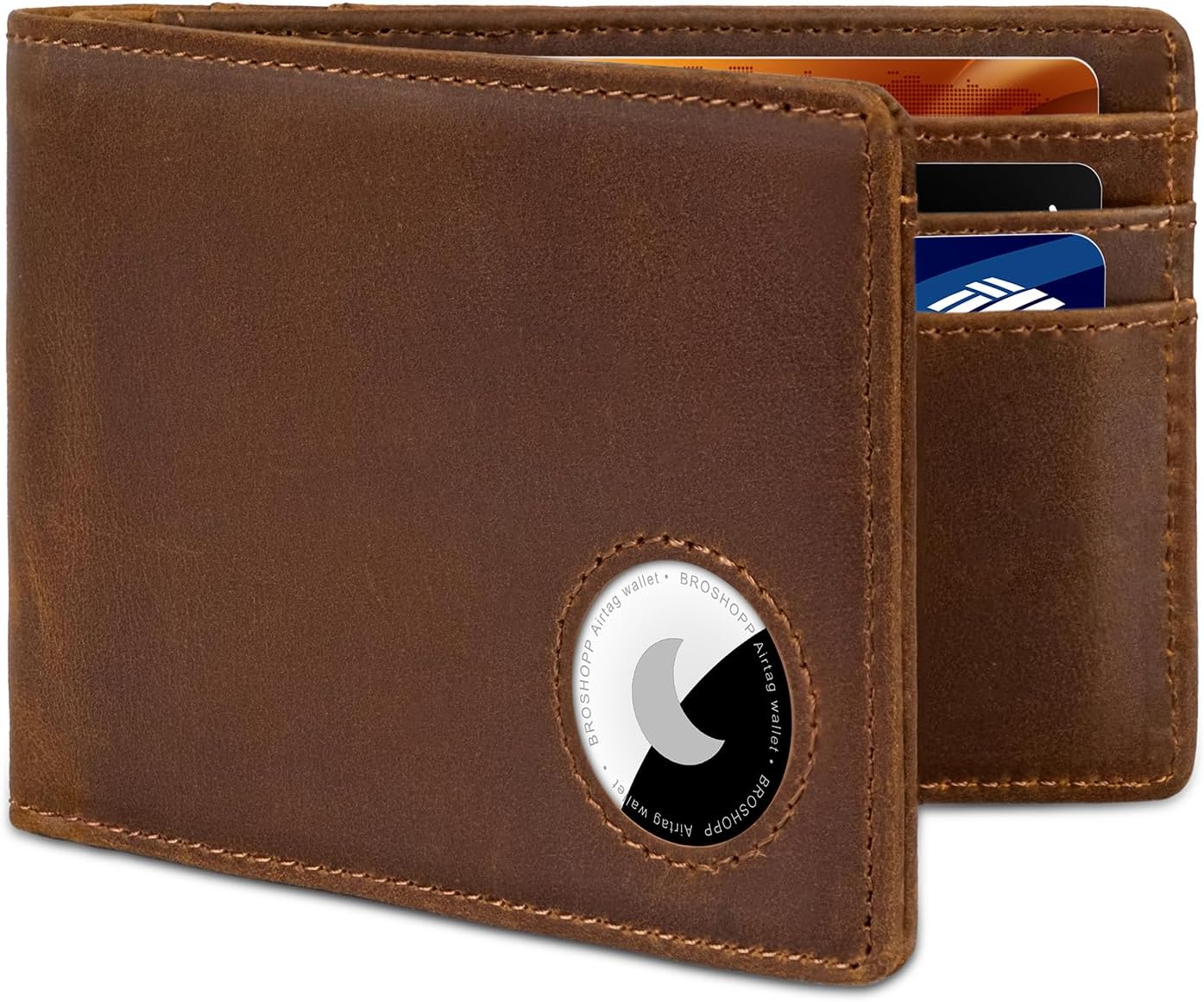 Slim Men's Bifold Leather Wallet with Integrated AirTag Pocket, RFID Blocking, Cash Slots & ID Window ﻿ (Brown)