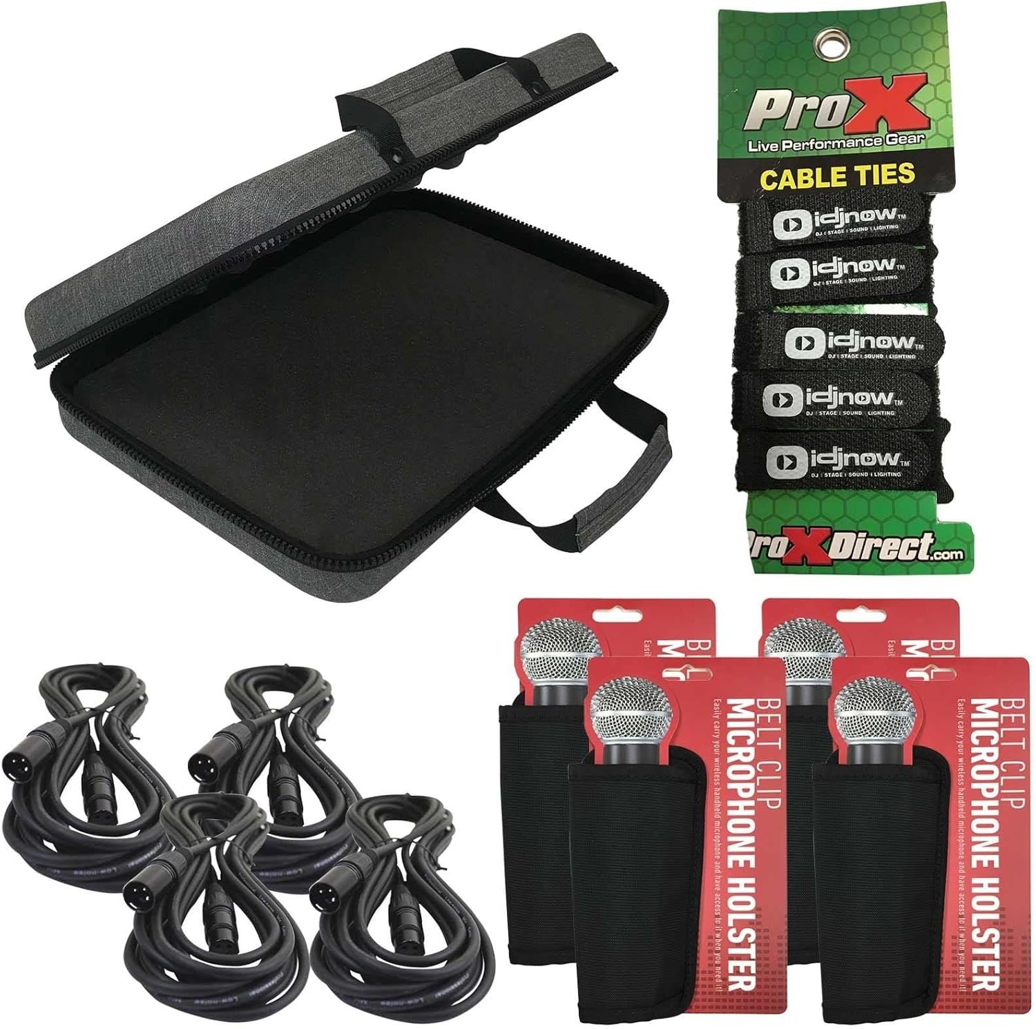Accessories Pack Male-Female 20ft XLR Cables 4 Pack + Ties + Case + Mic Holsters
