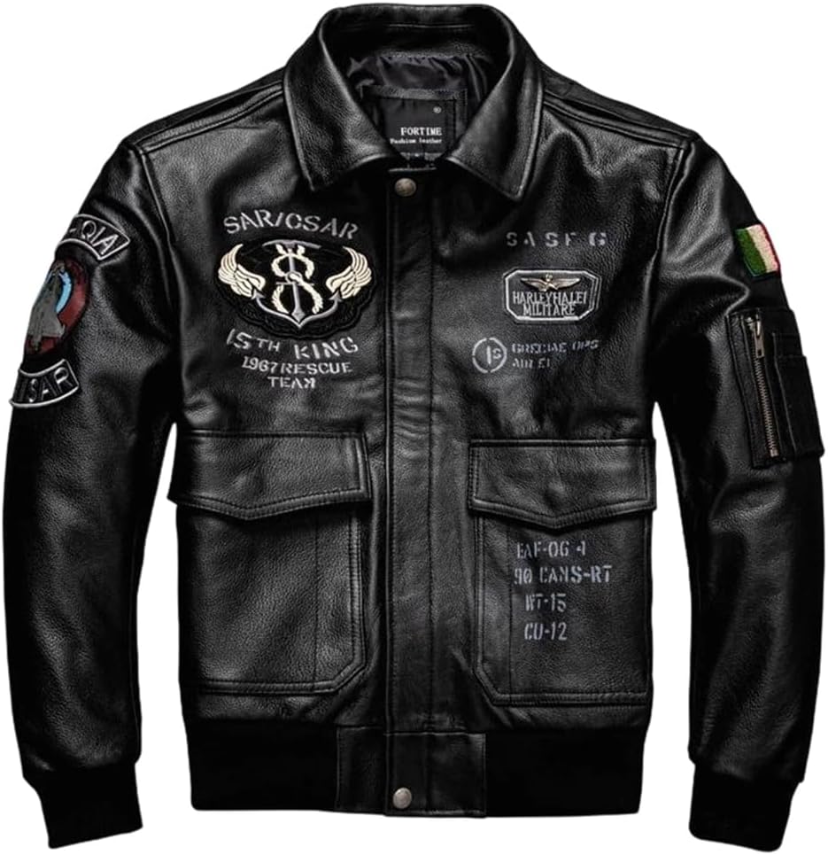 Men Military Style Plus Size Genuine Natural Cowhide Italy Flight Black Pilot Leather Jacket Coat
