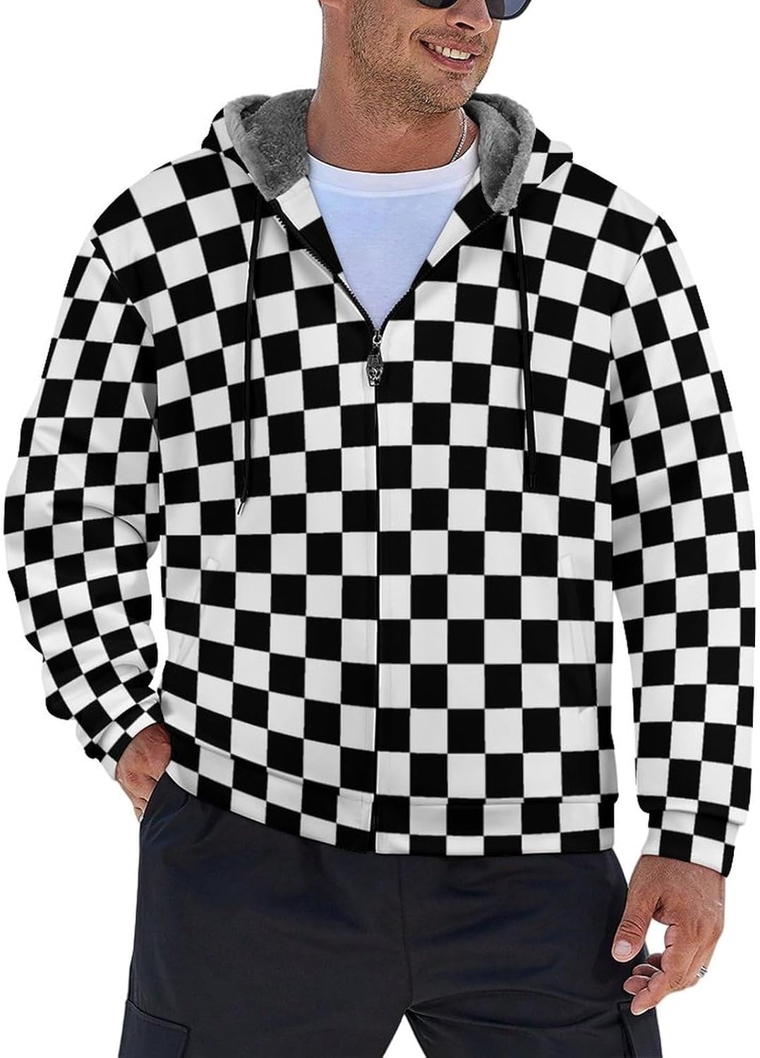 Black White Racing Checkered Funny Hooded Coat Fleece Lining Sweatshirt Zip Up Jacket Warm Hoodie for Men