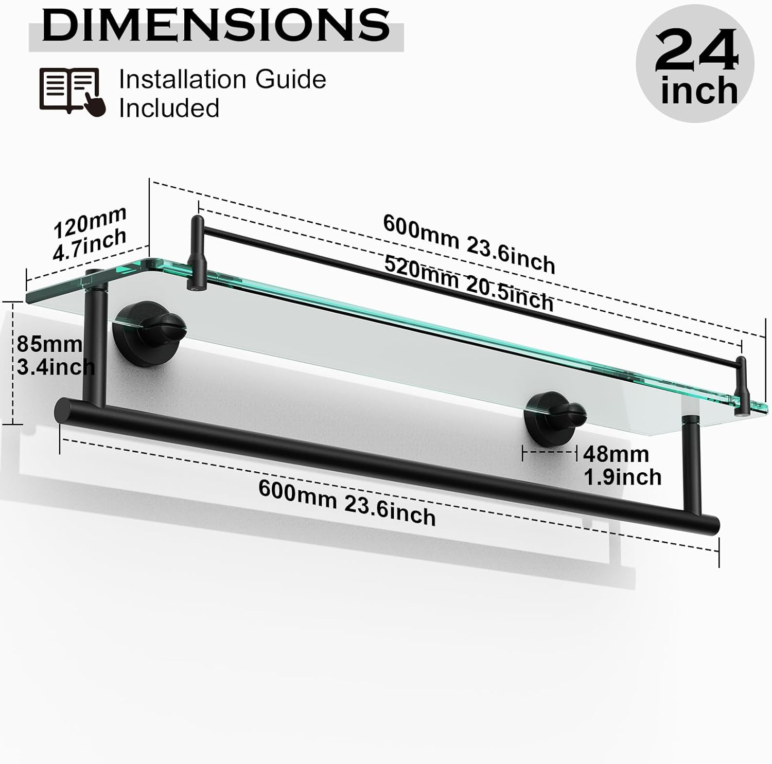 Bathroom Shelf Glass Shelf 2 Pack,24-Inches Floating Glass Shelves Towel Bar/Track(Matte Black)