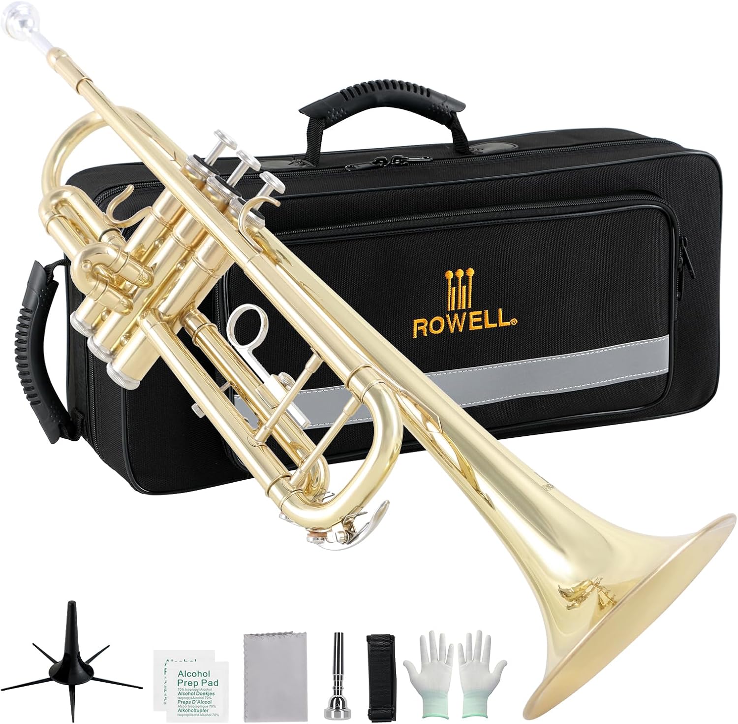 ROWELL Bb Trumpet Standard Trumpet Set,Double Support Beam Design Trunpet, Trumpet Instrument with Hard Case, Cleaning Kit, Stand, Mouthpiece, Gloves, Valve Oil for Beginner,Student and Adult.(Gold)