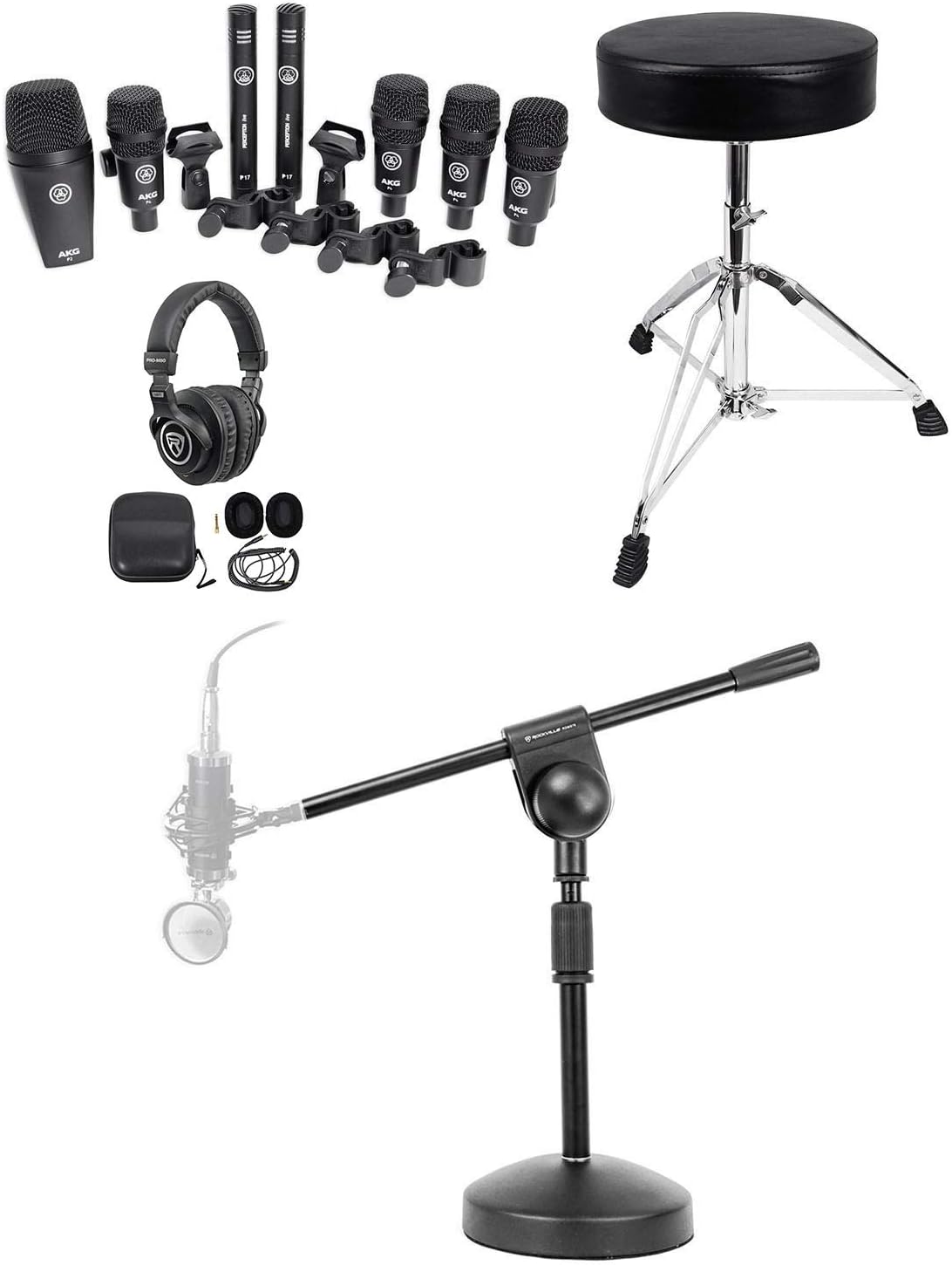 Audiosavings Bundle: Drum Set Session I 7-Piece Drum Mic Kit Bundle with Rockville RDS30 Padded Drum Throne + RDMS70 Boom Mic Stand + PRO-M50 Studio Headphones (4-Items)