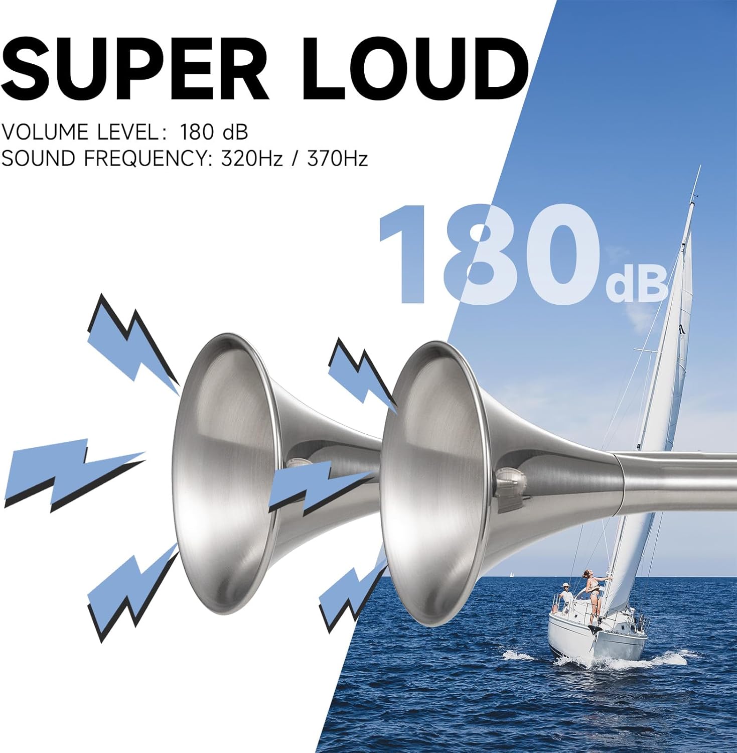Marine Boat Safty Horns 12V 180dB Double Trumpet Truck Horn Stainless Steel Low and High Tone 2 Tube for Ship Truck RV Trailer Pickup Van Bus
