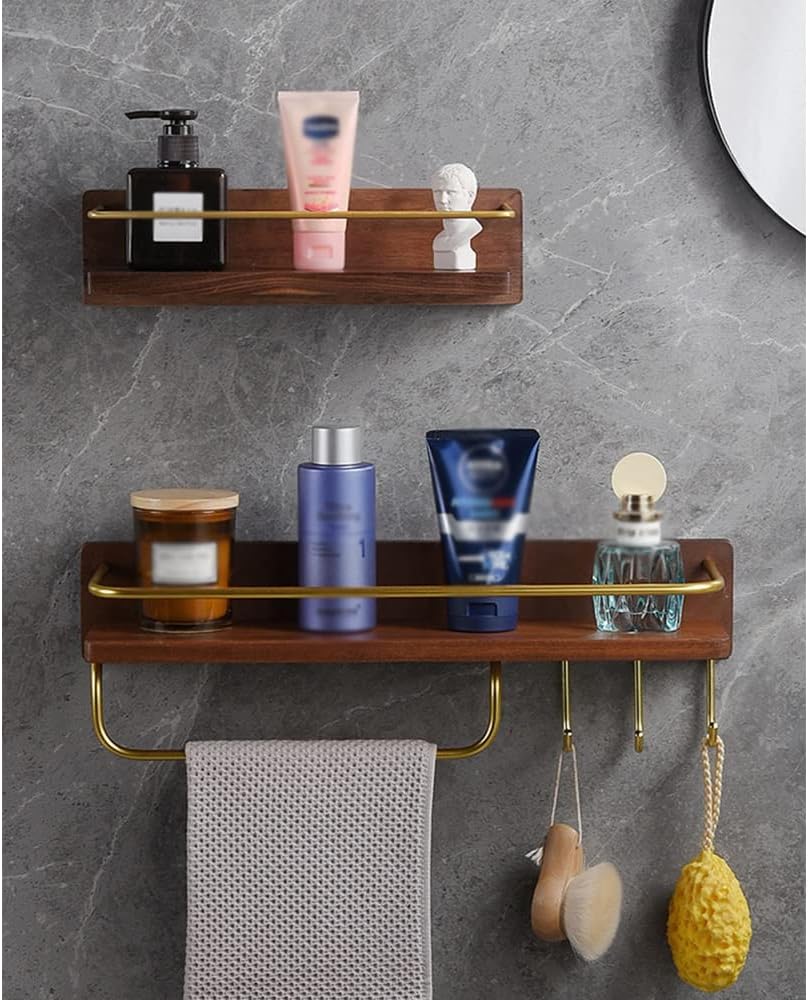 Shower Caddy Bathroom Shelf, Wooden Bathroom Towel Rack Holder, Aluminum Wall Mount Shower Caddy Shelf Bathroom Organizer (Color : 45cm Rod)