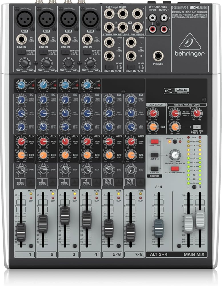 Behringer XENYX 1204USB Premium 12-Input 2/2-Bus Mixer with XENYX Mic Preamps and Compressors, British EQ and USB/Audio Interface