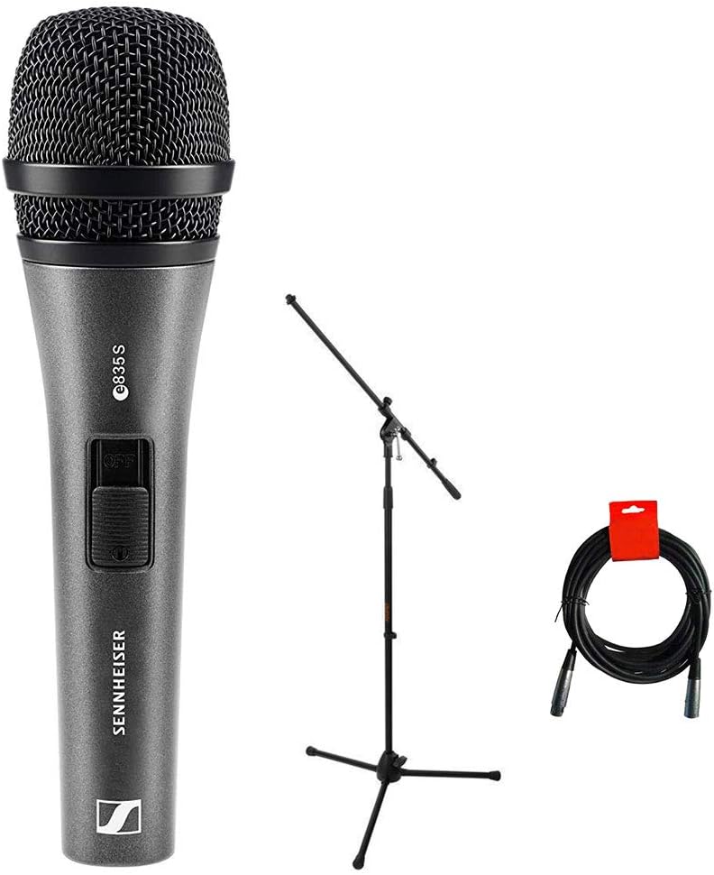 Sennheiser E835-S Dynamic Cardioid Vocal Microphone (on/off switch) with Tripod Mic Stand & XLR-XLR Cable Bundle