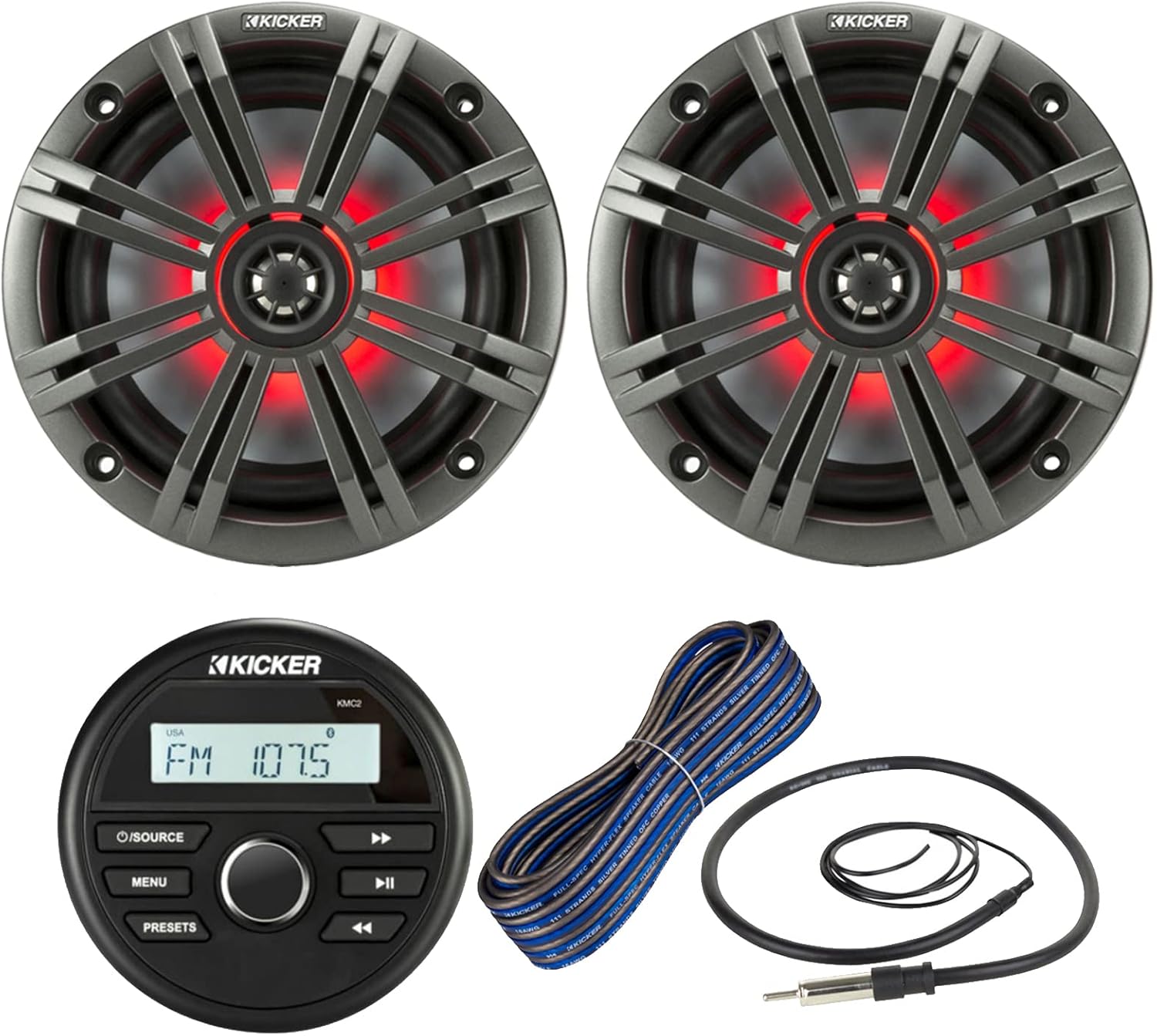 Kicker All-Weather Marine Gauge Style Bluetooth USB Stereo Receiver Bundle Combo with (Qty 2) 6.5
