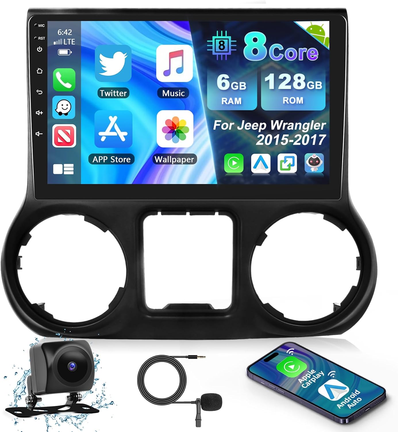 Podofo【8 Core 6G+128G】Car Stereo for Jeep Wrangler 2015 2016 2017 with Wireless Carplay & Android Auto, 10 Inch IPS Touchscreen Car Radio with Bluetooth/GPS/WiFi/SWC/FM&RDS Radio+AHD Backup Camera+MIC