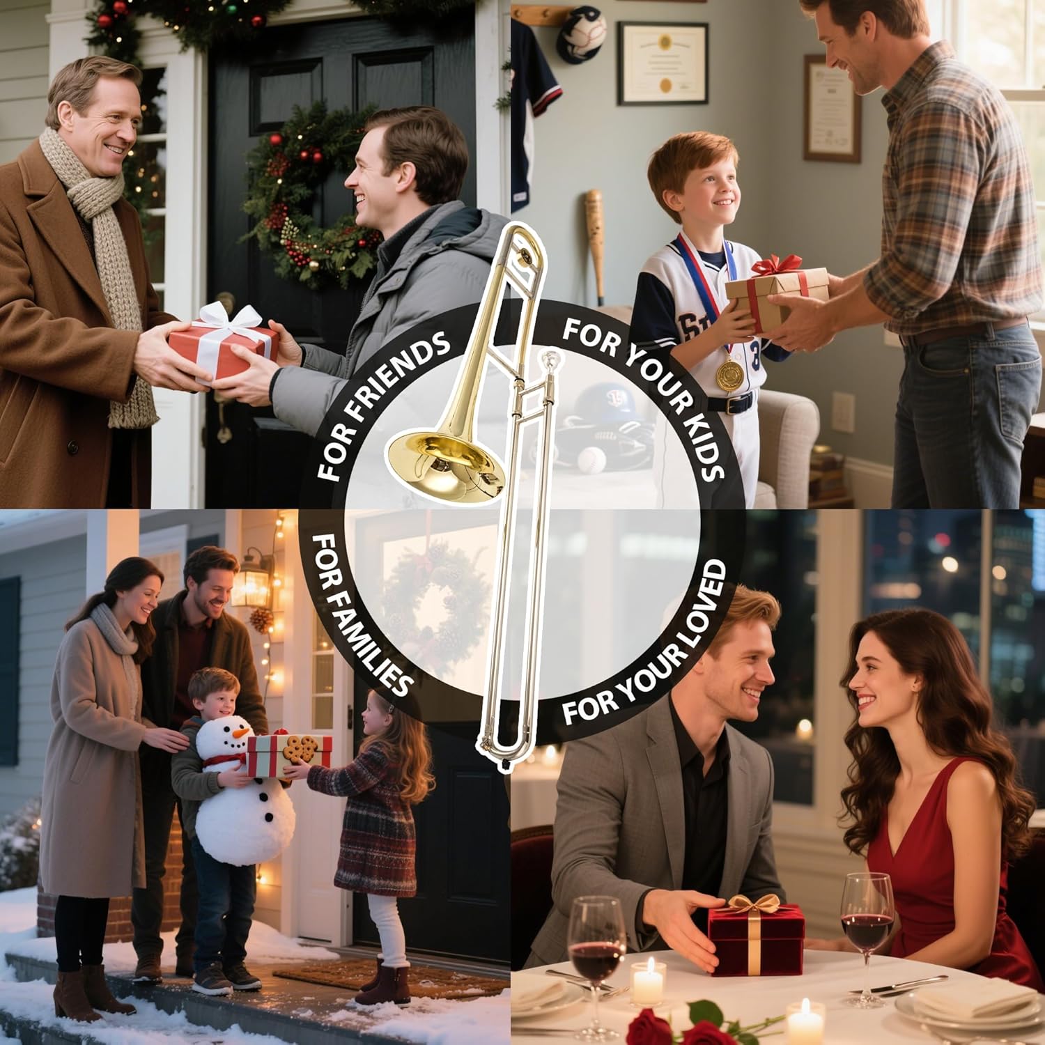 Bb Tenor Slide Trombone for Students Beginners, B Flat Brass Plated Trombone Instrument with Hard Case Mouthpiece White Gloves and Cleaning Kit (Gold)