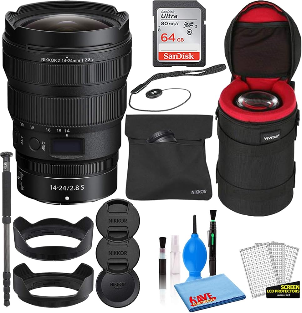 Nikon NIKKOR Z 14-24mm f/2.8 S Zoom Lens (20097) with 64GB Ultra SDHC Memory Card + Padded Lens Case + 70-Inch Pro Monopod + Cap Keeper + Lens Cleaning Kit (Renewed)