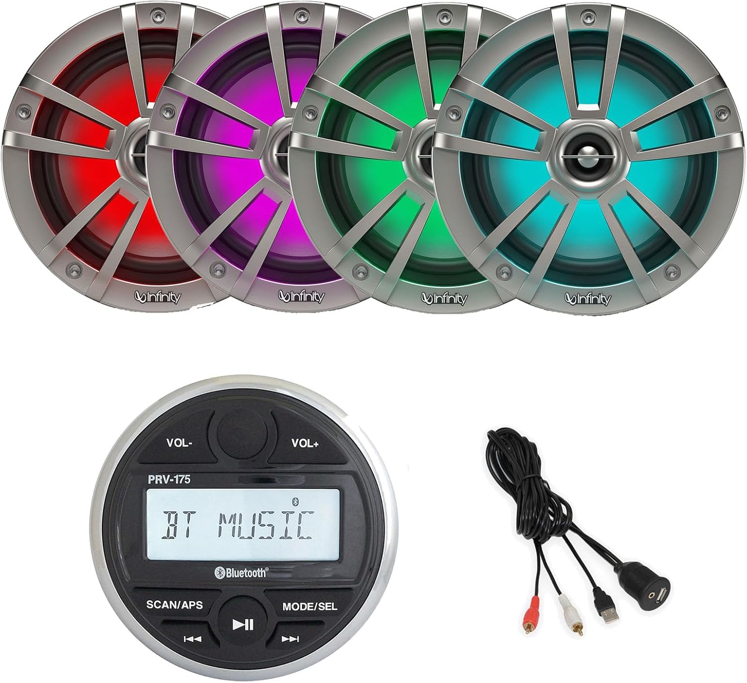 Gauge Style Marine Boat Digital Media Bluetooth Receiver Bundle Combo with 4 x Infinity Reference 6.5