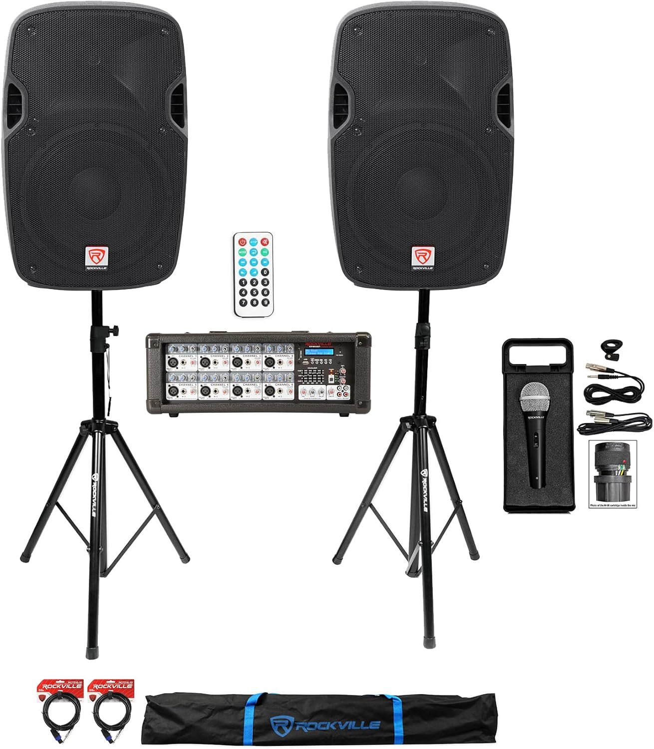 Rockville SPGN128 Bundle: (2) 12-in 1200W PA Speakers, RPM80BT 2400W 8-Channel Powered Mixer and Effects, RMC-XLR Metal Wired Mic with Cables, Tripod Speaker Stands and 20 ft Cables, 6-Items