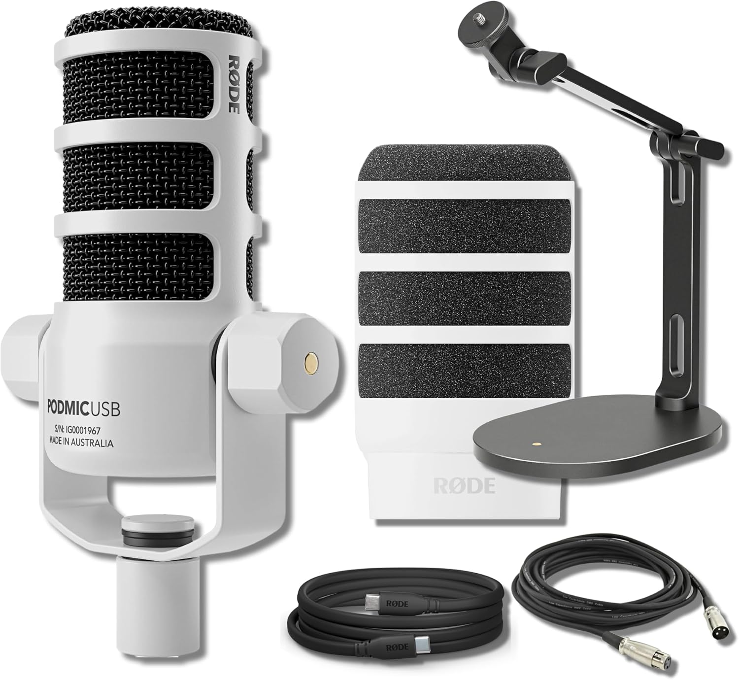 Rode PodMic USB Dynamic Broadcast Microphone (White) with Rode Desk Stand 2 (DS2) and XLR Cable