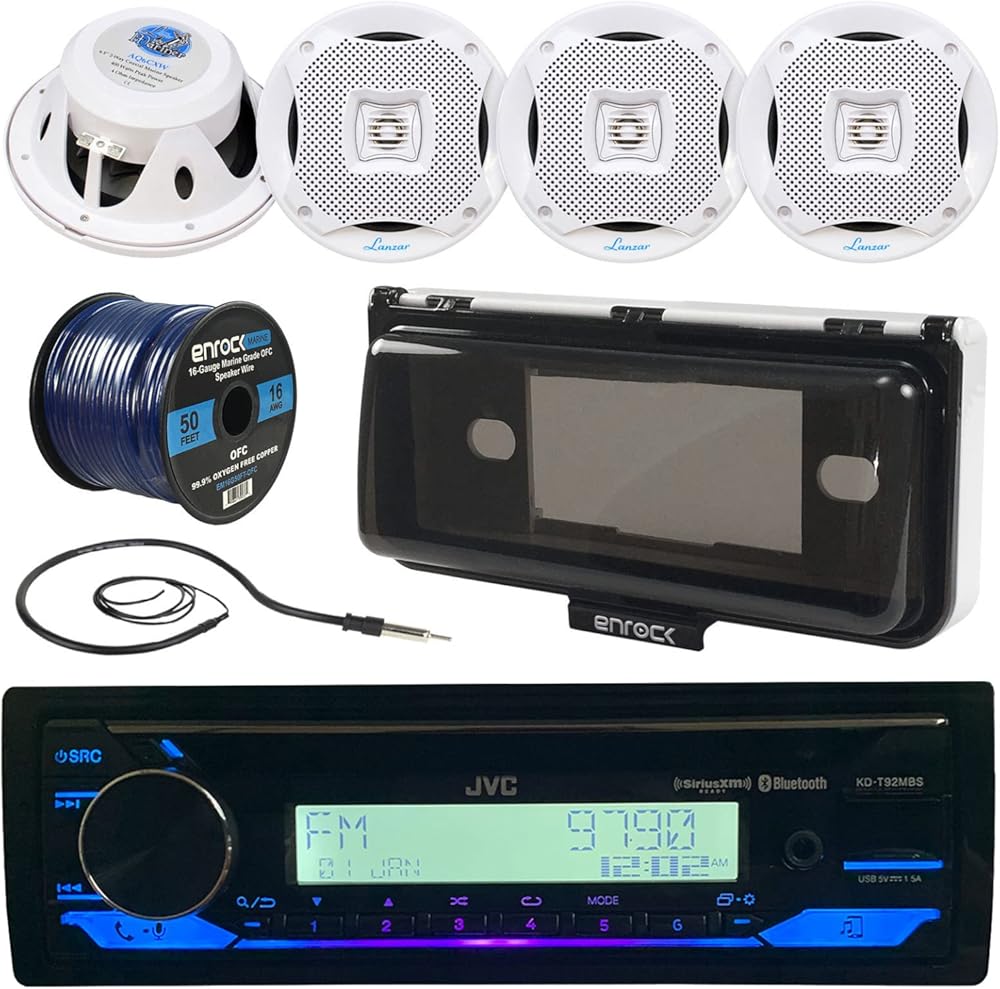 Single DIN Marine Motorsports Bluetooth USB AUX AM/FM Radio Stereo CD Player Receiver + 4X 400W 6.5