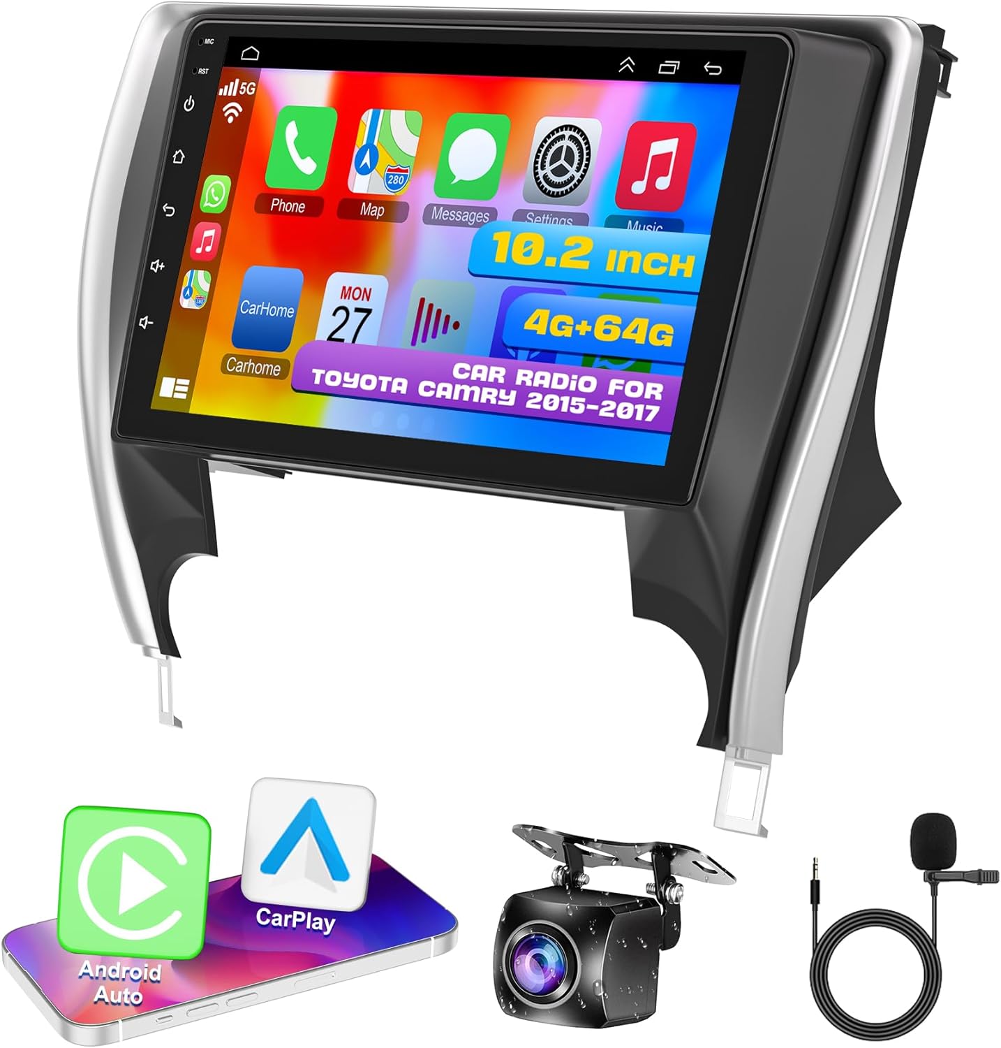 B4U 10.2 Inch Android 12 Car Stereo for Toyota Camry 2015-2017, Wireless CarPlay & Android Auto, Bluetooth 5.2, GPS, WiFi, Backup Camera, Split Screen