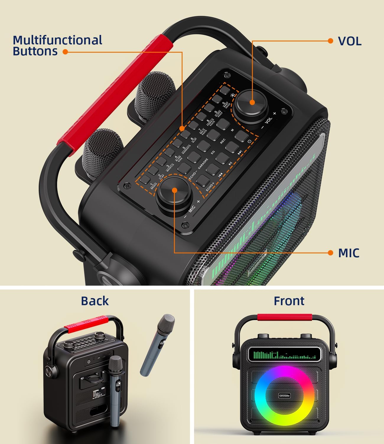 Karaoke Machine 2 Wireless Microphones, Portable Bluetooth Speaker w/PA System for Adults & Kids with LED Lights, Bass/Treble Adjustment, Supports REC/TWS/FM/AUX/USB/IF Card for Party