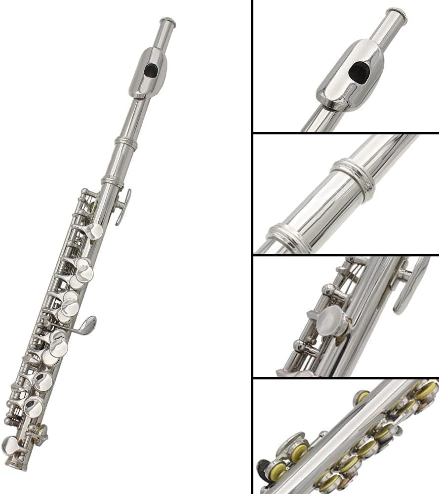 Key of C Flute Piccolo, Silver Plated Piccolo Instruments with Hard Protective Case Cleaning Rod Cloth Screwdriver for Beginners Students (Silver)