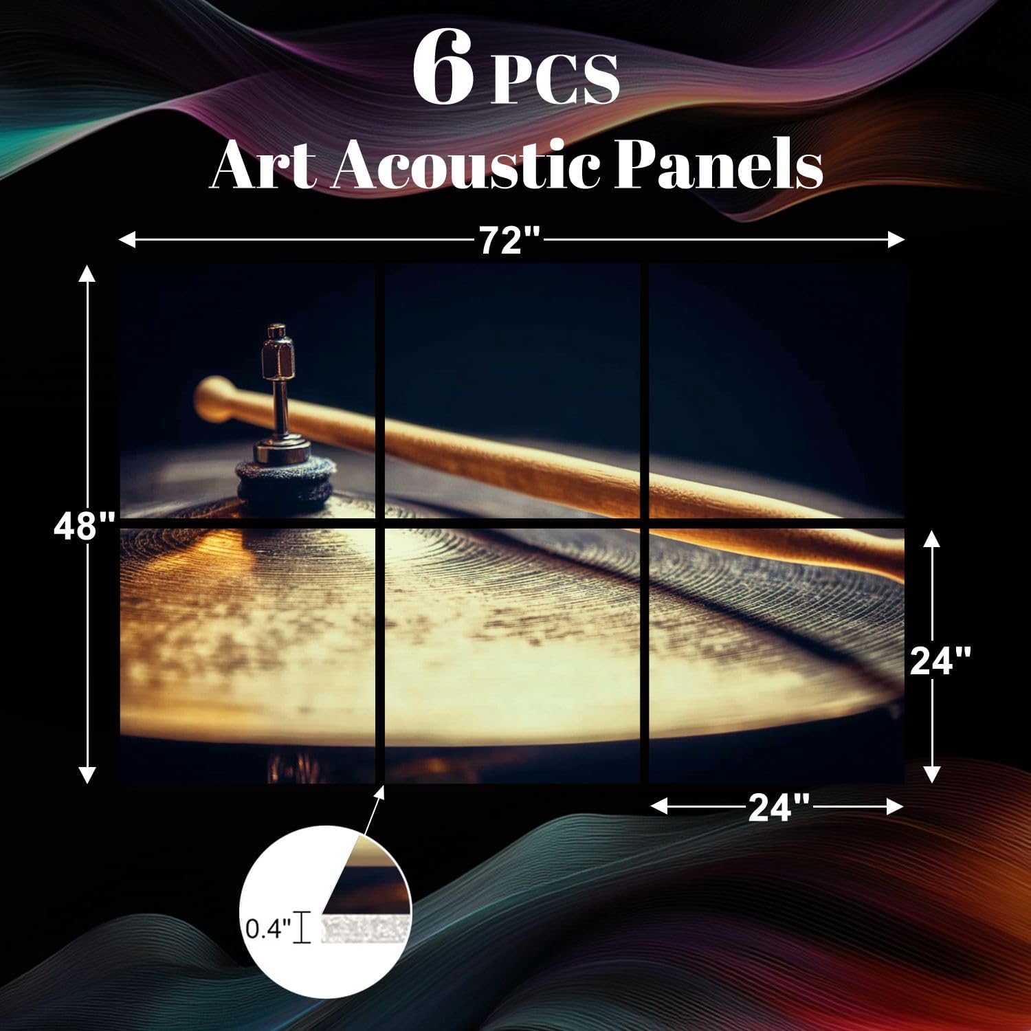 6 Pack Art Acoustic Panels Drum stick cymbal detail Sound Absorbing Panel 48