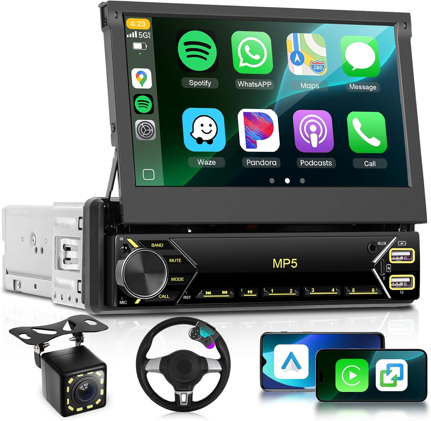 Single Din Flip Out Radio with Wireless Carplay Android Auto,Sellrich 7