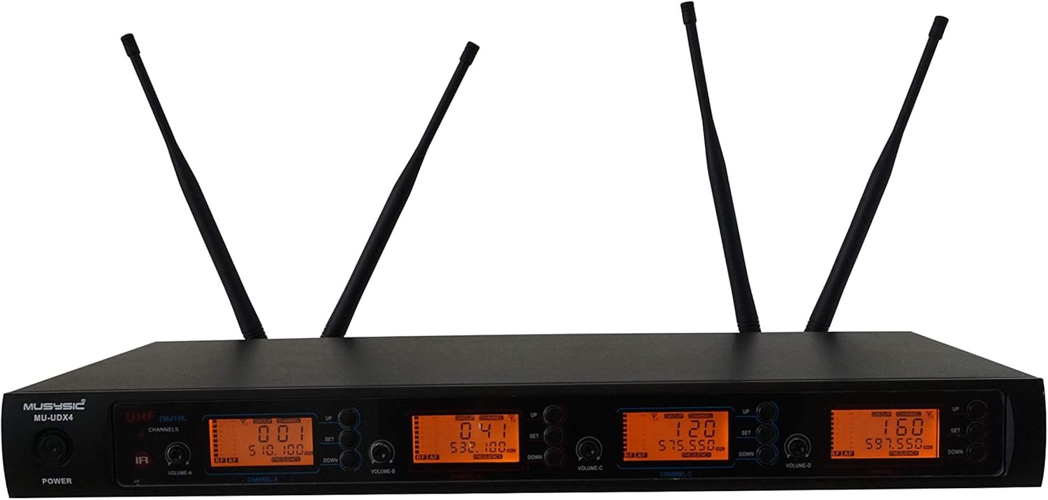 MUSYSIC 4-Channel Professional Wireless UHF Microphone System, 300ft Range 4x40 Adjustable Frequency Dynamic Handheld Microphones for Singing, Karaoke, Church, DJ