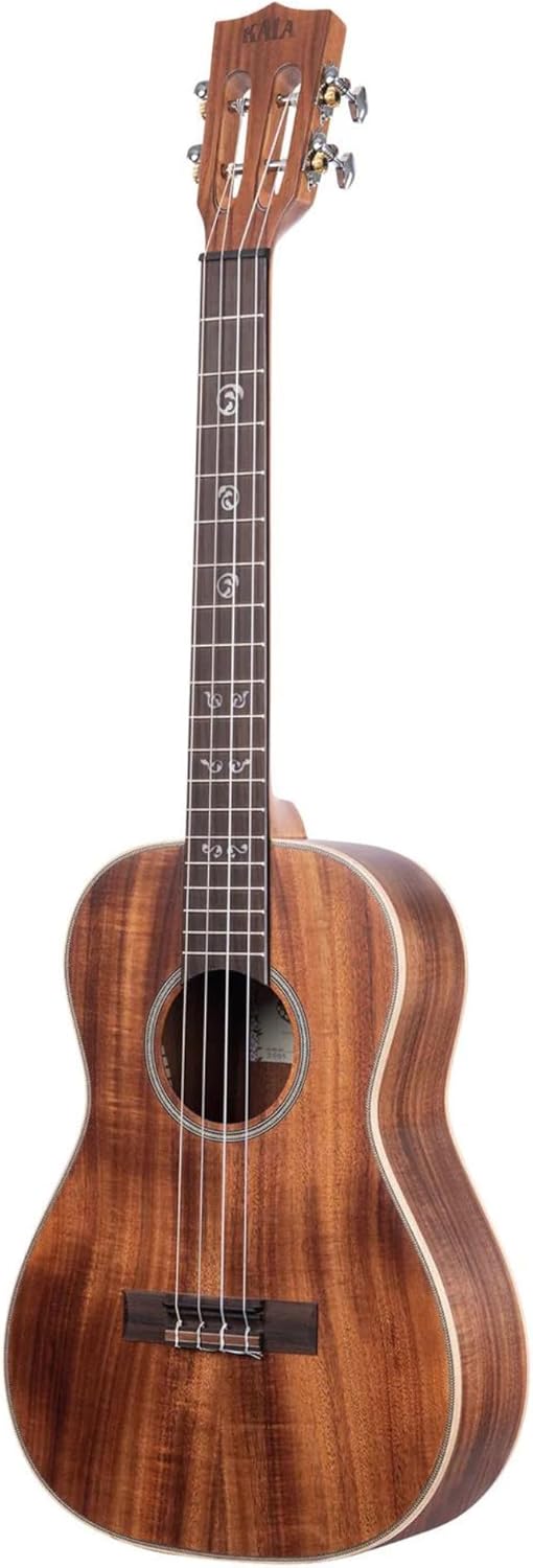 Kala KA-SA-B Solid Acacia Baritone Ukulele Satin Natural Bundle with KALA Klipz Blue Clip-On Tuner & Polishing Cloth – Rich Tone, Maple Binding, Slotted Headstock, Premium Baritone Build