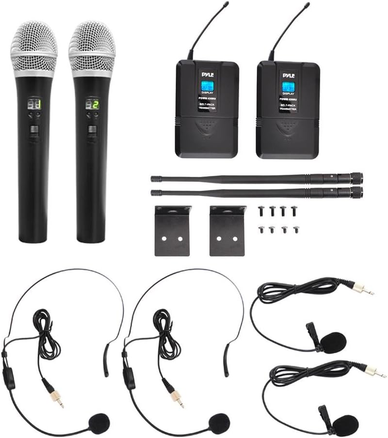 Pyle Upgraded Wireless Microphone System - 4-Channel, Includes (2) Handheld Mics, (2) Beltpack, (2) Lavalier Mics & (2) Headset Mics-PDWM4350U.5