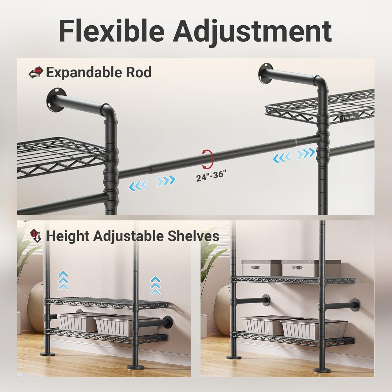 Timate L4 L Shape Garment Rack Heavy Duty Clothes Racks for Hanging Clothes, Expandable Industrial Pipe Clothing Rack Wall Mounted Closet Racks Wardrobe Closet Kit Corner Closet System, Black