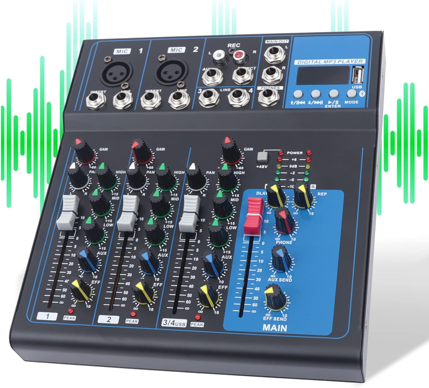 4 Channel Professional Wireless DJ Audio Mixer, USB Bluetooth Audio Stereo Speaker Home Audio Receiver Effects, 48V phantom Power for Home Theater System, Karaoke, Streaming