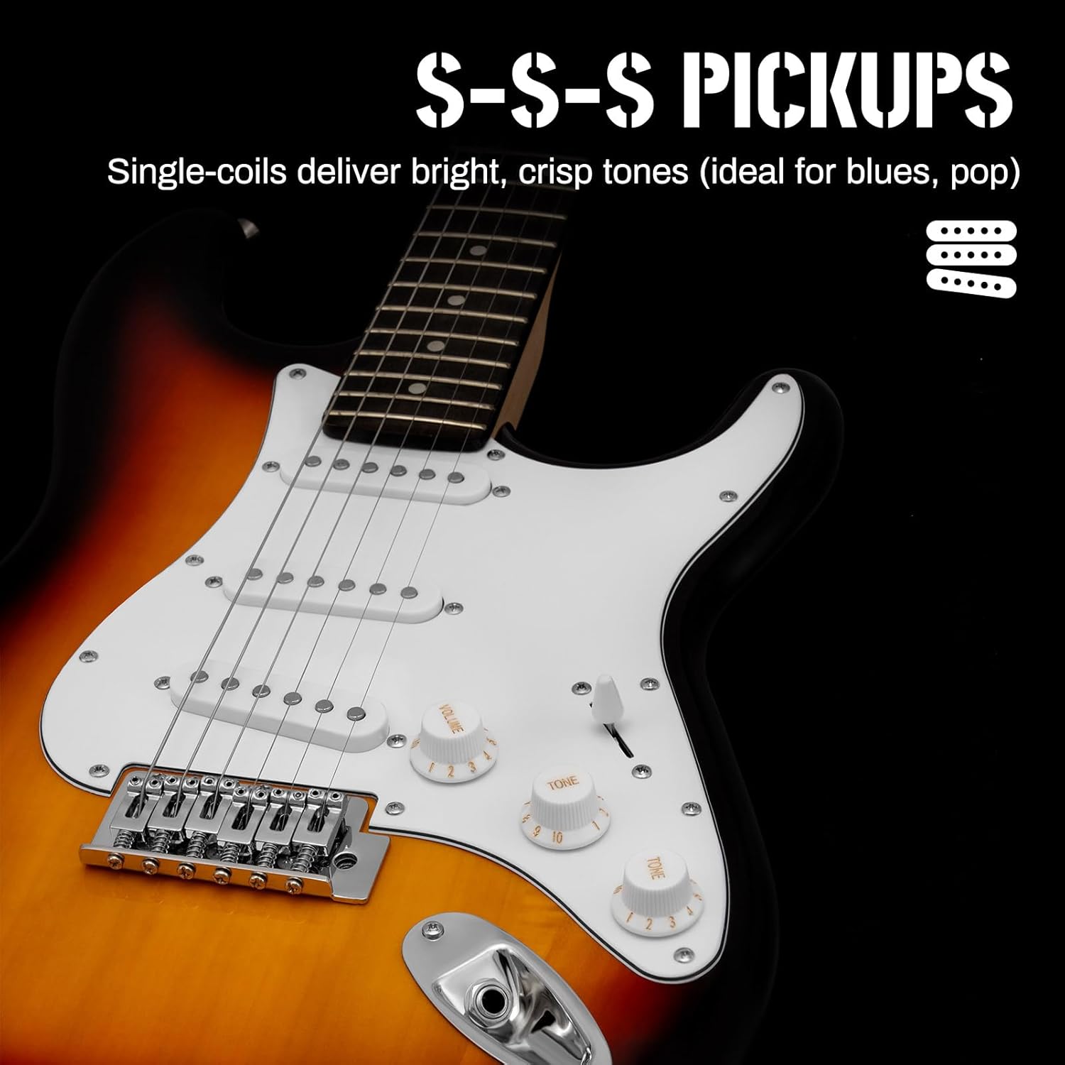 AODSK Electric Guitar with Amp Beginner Kit 39 Inch Solid Body Full Size,All Accessories,Digital Tuner,Six Strings,Four Picks,Tremolo Bar,Strap,Gig Bag,Starter kit (Sunburst-SSS)