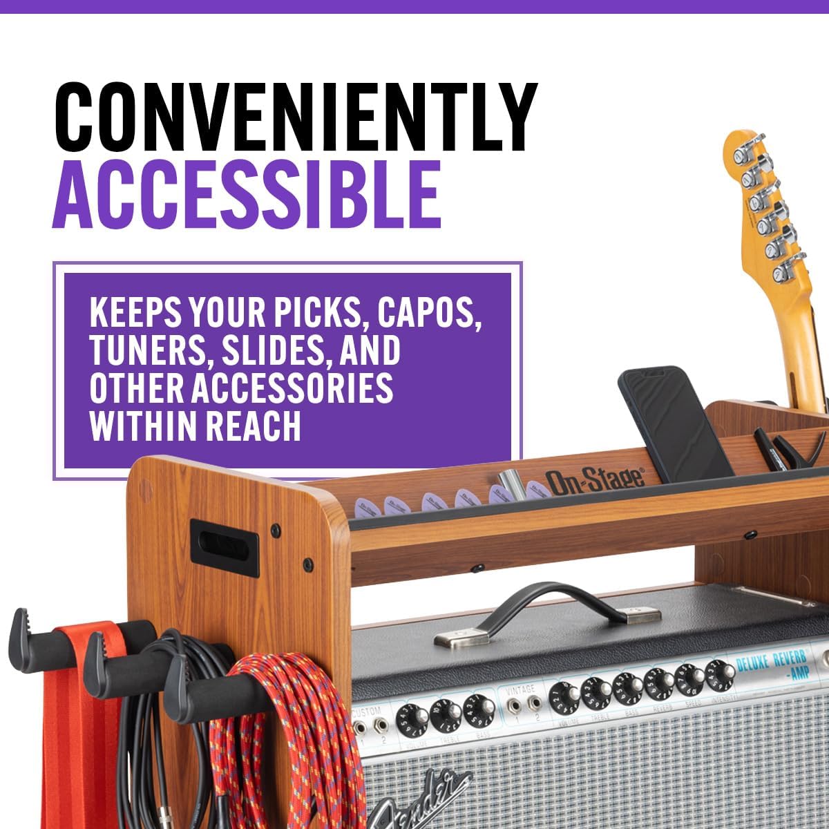 On-Stage GWS5000RB Guitar Workstation (Amp Stand, Electric Guitar or Bass Stand, Cable and Strap Hanger, Pedalboard, Accessory Tray for Picks, Capos, and Tuners, Gear Shelving, Organizer, Rosewood)