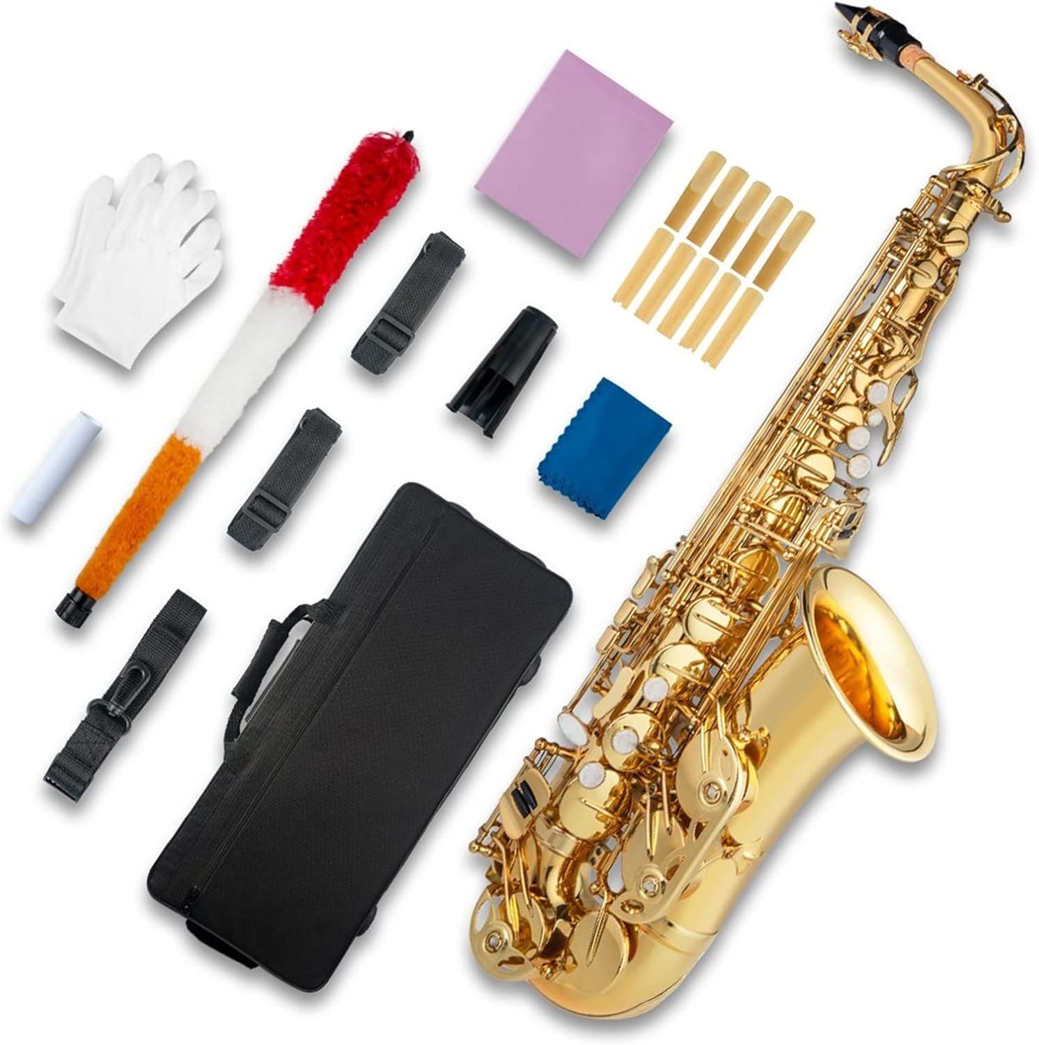 Alto Saxophone E Flat Gold Lacquer Saxophone Cleaning Cloth Mouthpiece Cork Grease Reeds Gloves Carry Case New Student Saxophone