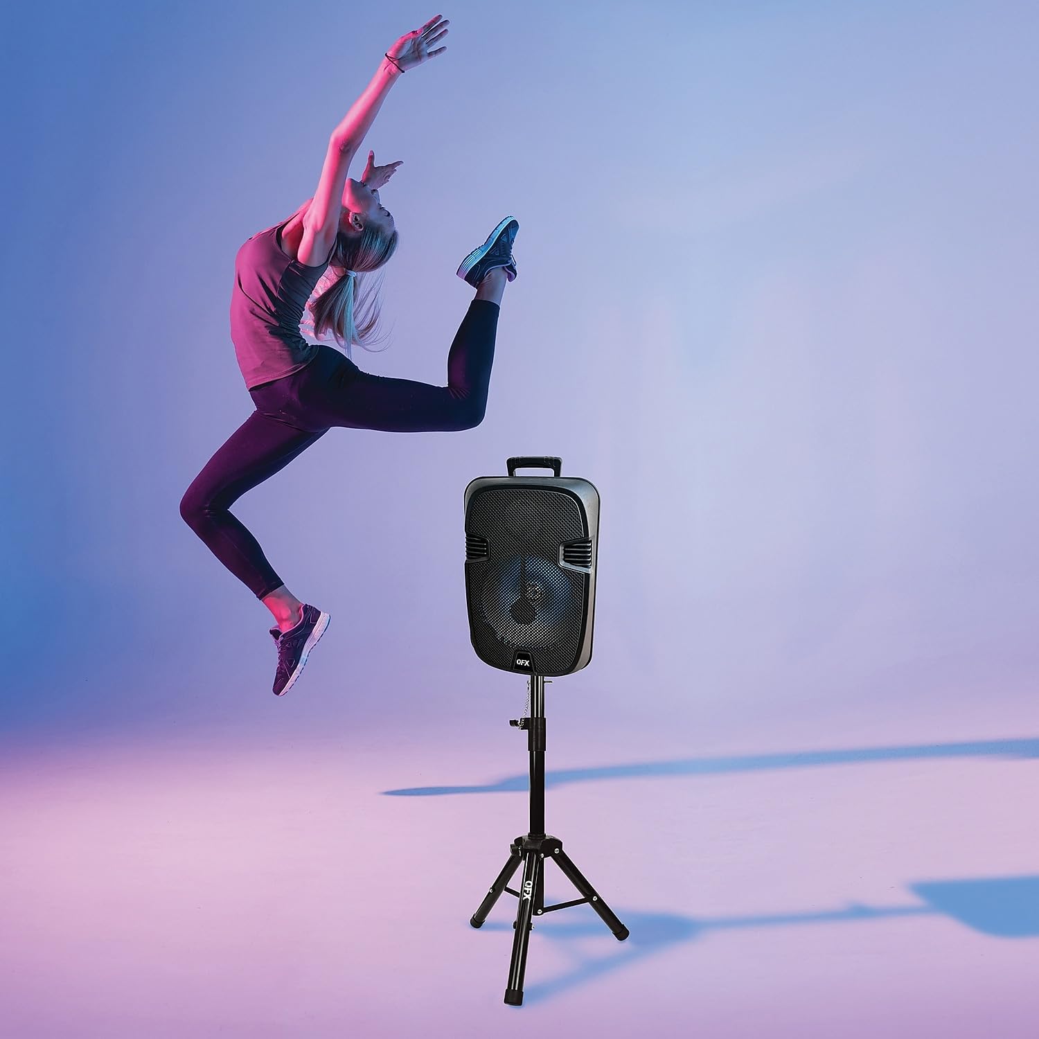 QFX PBX-1206SM PBX-1206SM 12-in. 21-Watt True Wireless Stereo Bluetooth Rechargeable Speaker with Wired Microphone and Stand