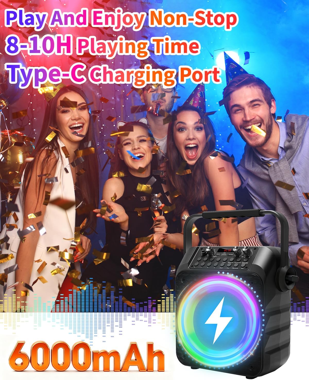 Karaoke Machine, Portable Karaoke System with 2 Wireless Rechargeable Microphones, 60W PA Speaker 6.5