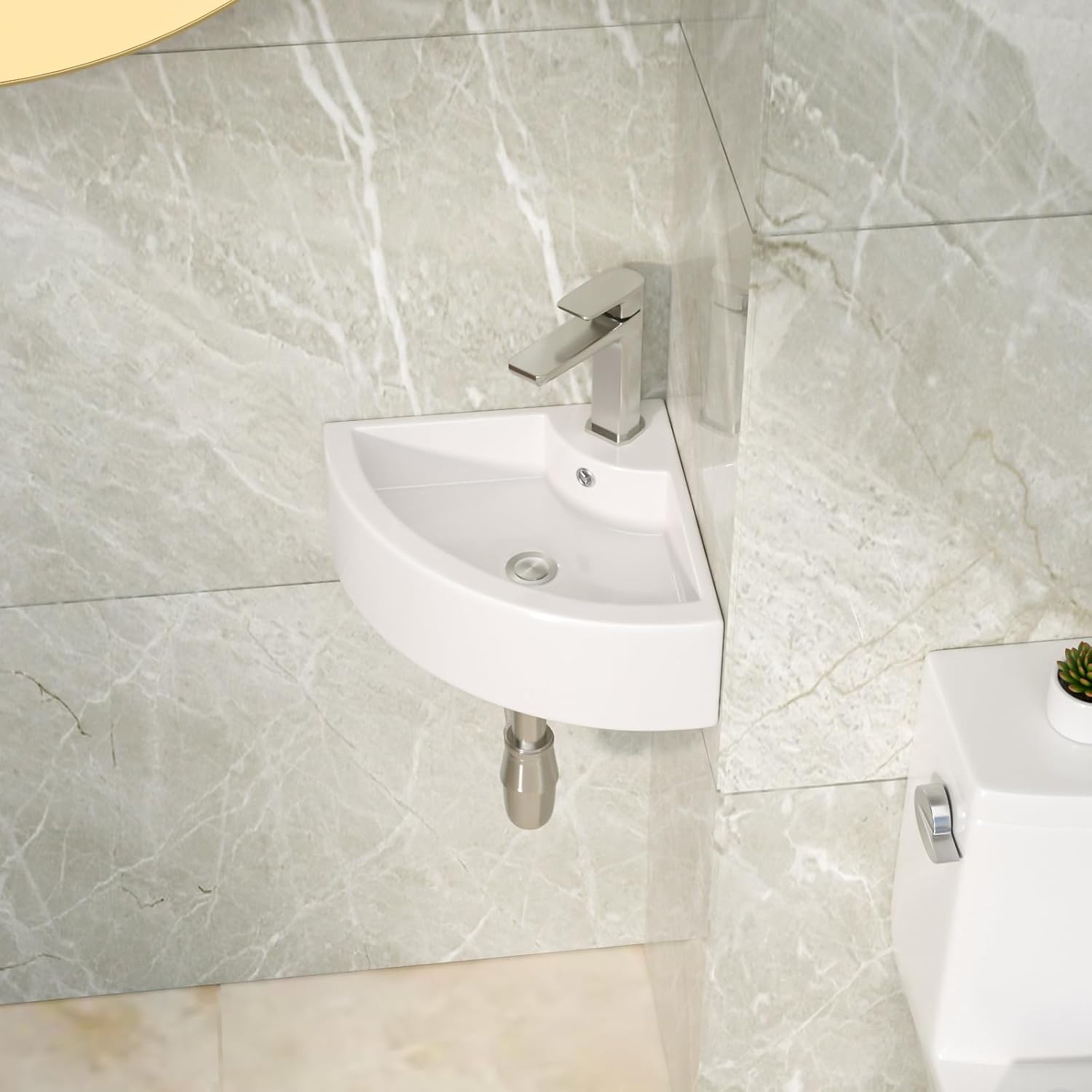 Lordear Wall Mount Corner Bathroom Sink 18 Inch White Ceramic Washing Basin Sector Wall Mount Sink for Small Bathrooms.