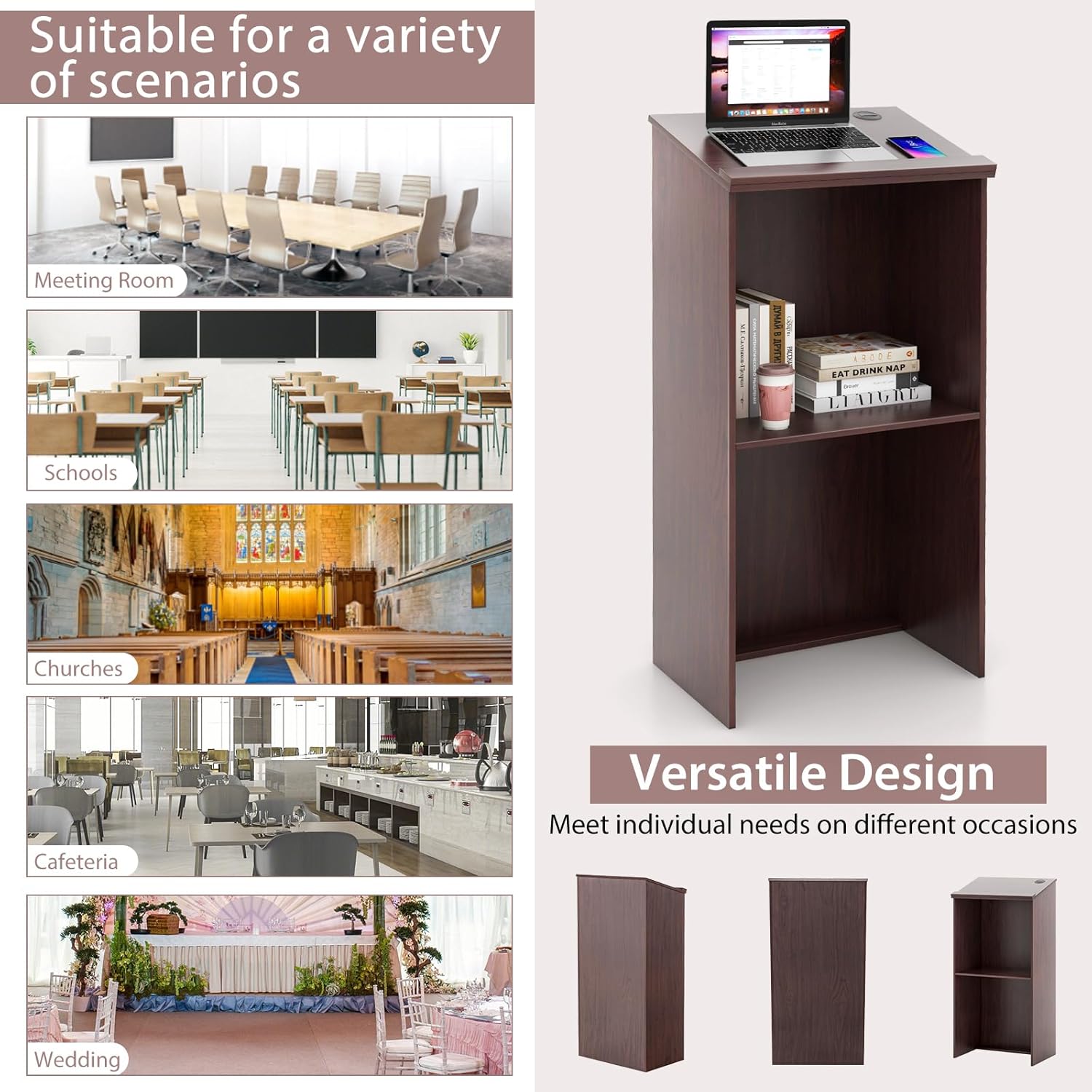 Tangkula Floor Standing Podium, Wooden Speaking Lectern Hostess Stand with 2-Tier Shelves & Dual Cable Holes, Standing Lectern Desk for Meeting Room, School, Churches, Auditorium, Classroom