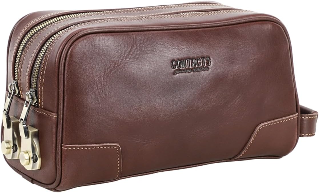 Coded Lock Toiletry Bag, Mens Genuine Leather Travel Shaving Dopp Kit Anti Theft Business Wallet Clutch Purse Bag Organizer