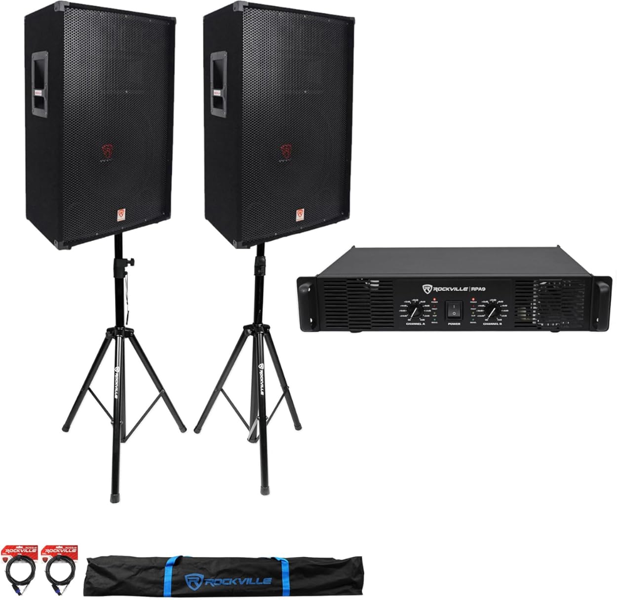 Rockville RSG15 Bundle: Pair 15-in 1500W Peak/750W RMS 3-Way PA Speakers, RPA9 3000W Peak/1500W RMS 2-Channel Amplifier, RVSS2-TSNL4 Tripod Stands w/(2) 20ft SpeakON Cables, case/Carry Bag, 4-Items