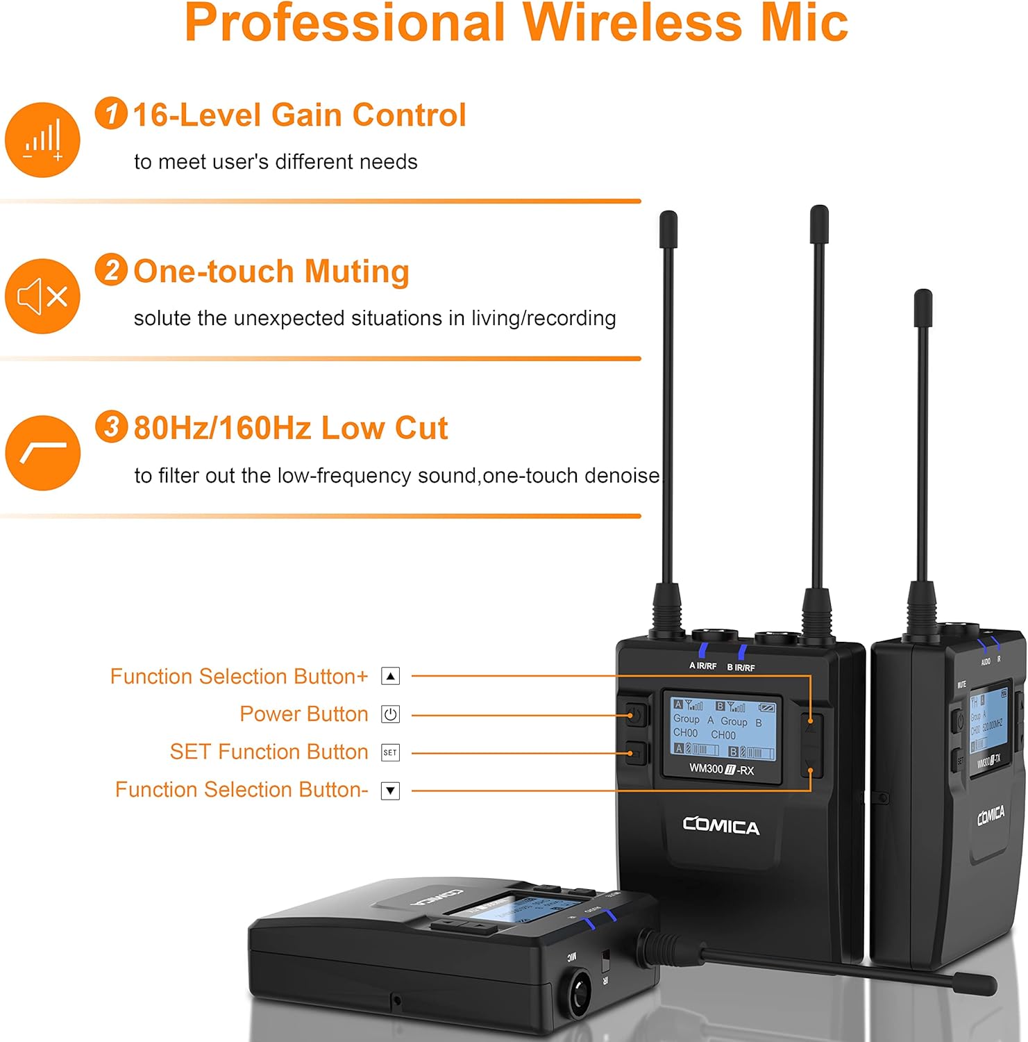 COMICA CVM-WM300A 96-Channel UHF Wireless Lavalier Microphone System Compatible with Cameras, Camcorders and Smartphones, Perfect for YouTube Podcast Vlog Video Recording and Interview(2TX+1RX)