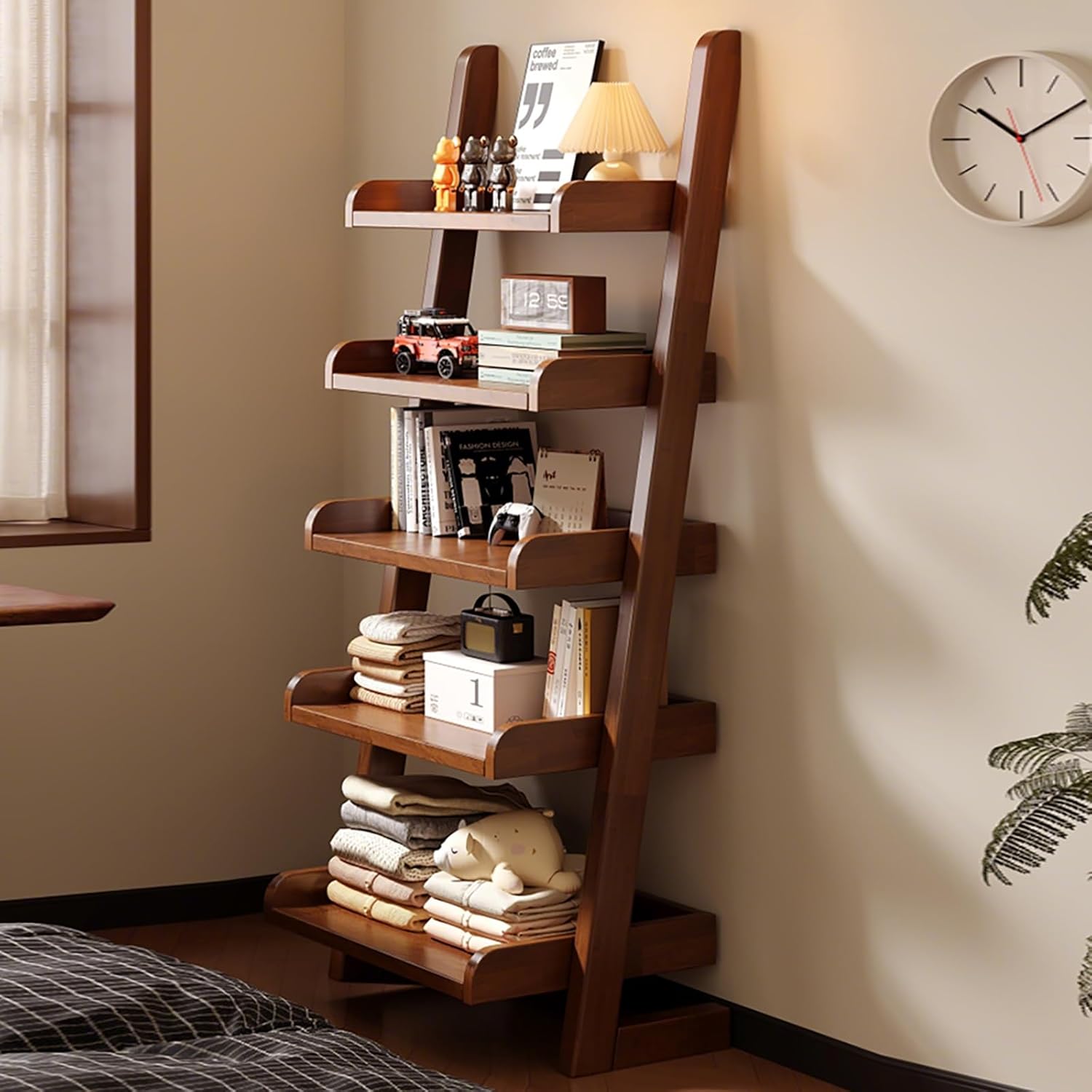 Ladder Open Storage Bookshelf Freestanding Display Rack Shelving Unit, Space-Saving Wooden Bookcase Narrow Book Shelf Organizer for Small Space(Brown,140cm/55in)