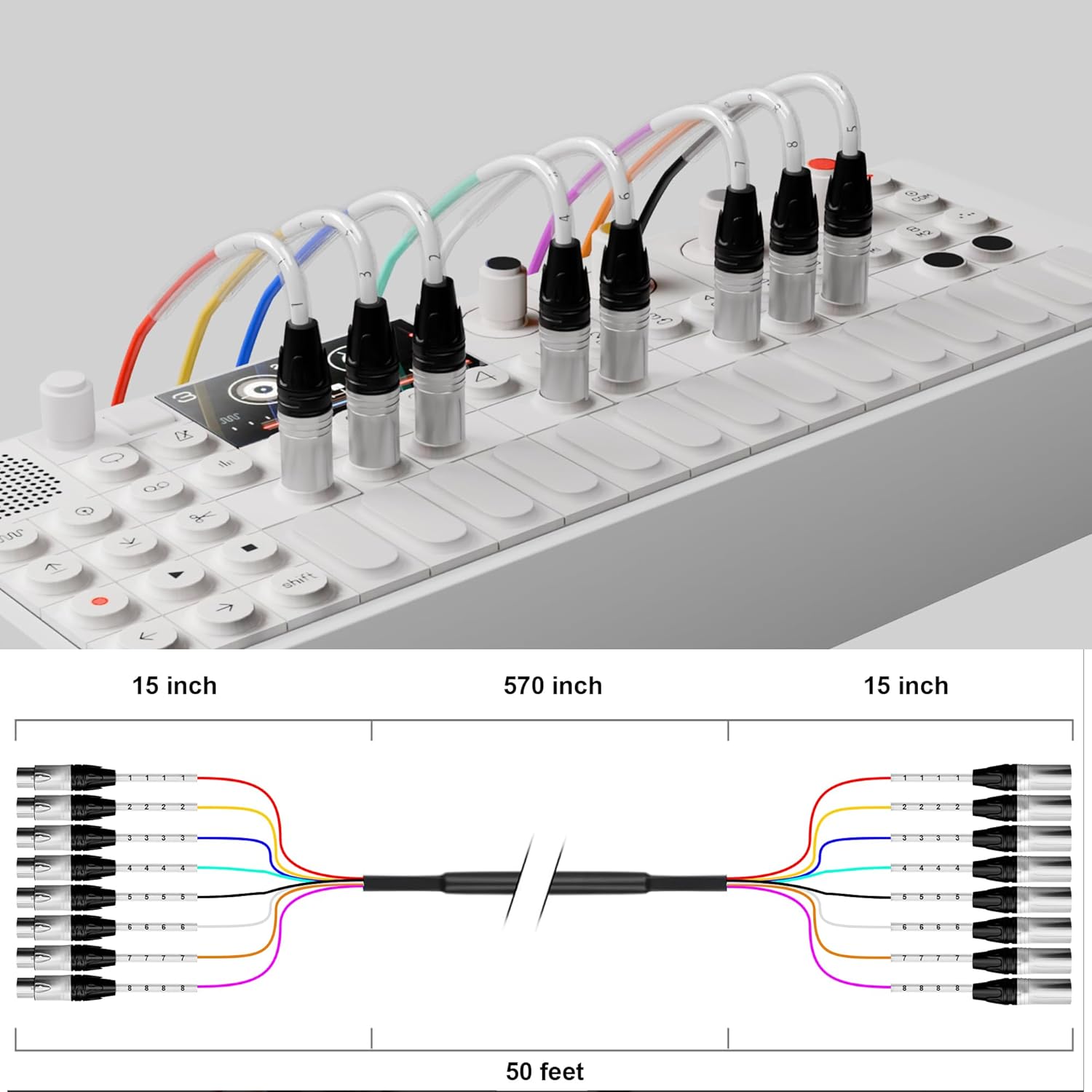 PRORECK 50ft Snake Cable, 8-Channel Shielded Audio Cable XLR Male to XLR Female, with Color-Marked Connectors for Professional Stage, Studio, and Live （PR-XLR/XLR-8 * 50）