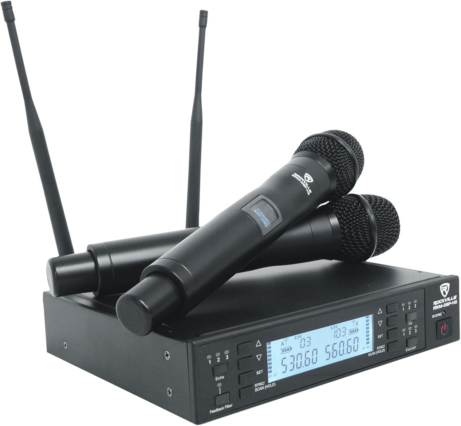 Rockville RWM-DSP-H2 Dual Handheld UHF Wireless Microphone System, DSP Control, Adjustable EQ, Delay, Feedback Filter, OLED Display, 200 Channels, 400-600 ft Range, Includes 2 Mics & Rack Mount
