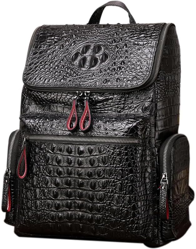 Genuine Leather Laptop Backpack Crocodile Pattern Travel Business Bag Vintage Daypack Water Resistant Gift Box (Black)