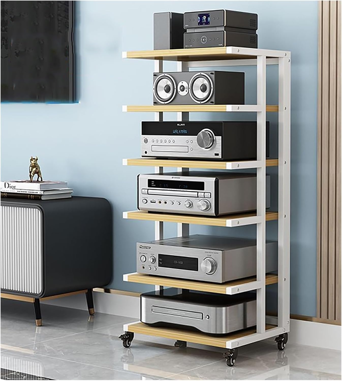 Corner Stereo Stands for Living Room, 6-Tier Media Stand for Home Theater/Bedroom/Office, Mobile Wooden Stereo Cabinet Audio Rack, for Amplifiers/Players/TV Accessories,6 Layer/No Drawers #C