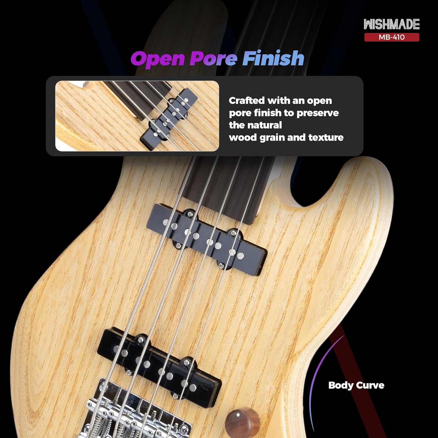 WishMade Electric Bass Guitar Fretless Mini Bass Guitar,Portable Small Size Guitar with Gigbag,Maple Neck,HH.(4 String Natural)