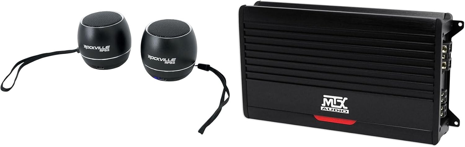 Audiosavings Bundle: (1) MTX THUNDER1000.1 1000 Watt RMS Mono D 1-Ohm Amplifier Car Audio Amp Bundle with (1) Pair Rockville RPB3-BLACK Handheld Wireless Linking Portable Bluetooth Speakers (2 Items)