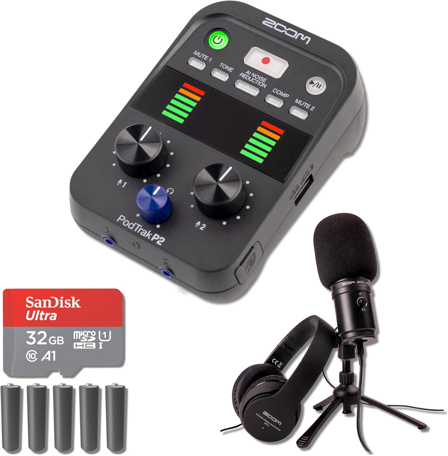 Zoom PodTrak P2 USB Mic Recorder with Zum-2 USB Podcast Microphone Pack, 32GB microSD Card and 5X AA Batteries