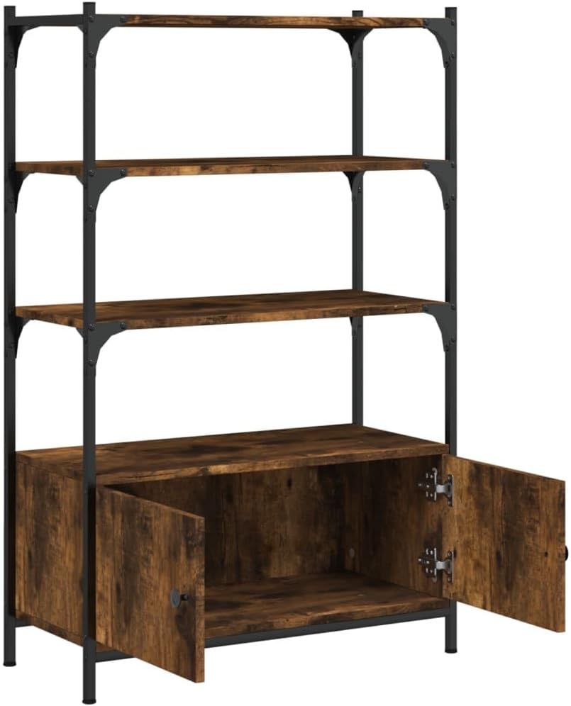 3-Tier Bookcase, Smoked Oak Engineered Wood, Metal Frame, 11.8x27.6x43.1 Inch, Adjustable Shelves, Industrial Display Cabinet for Living Room, Office Storage