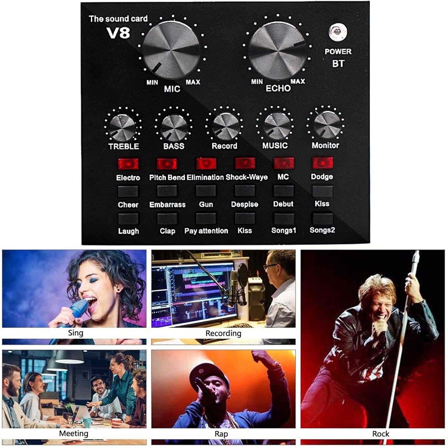 BM-800 Mic Kit with Live Sound Card, Condenser Microphone Bundle with Adjustable Mic Suspension Scissor Arm, Live Sound Card with Effects and Voice Changer