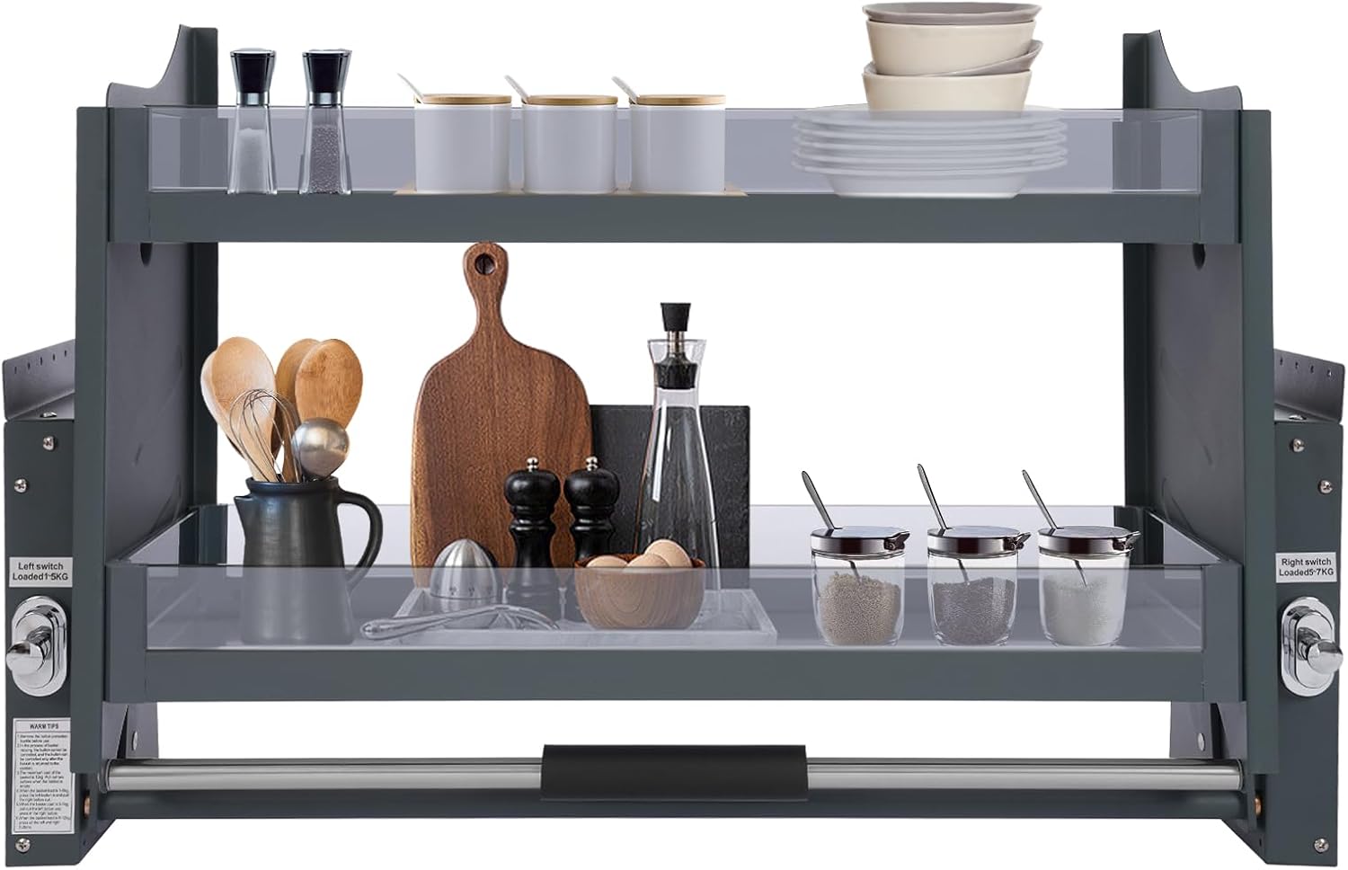 Pull Down Shelf for Upper Cabinets - 30 Inch 2-Tier Wall Mount Organizer with 26.5lbs Capacity, Tempered Glass & Aluminum Alloy for Kitchen Storage, Spices, Dishes